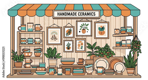 Handmade Ceramics Shop Display with Plants and Art.