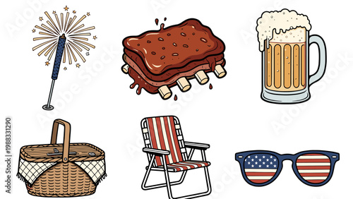 Set of iconic summer picnic and celebration elements