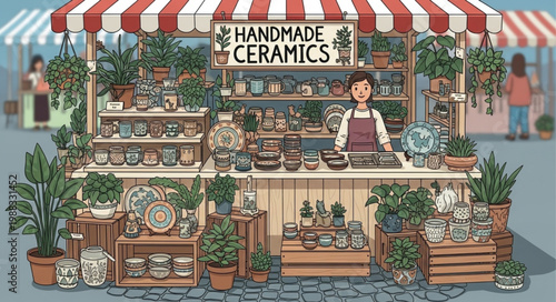 Handmade Ceramics Stall at an Outdoor Market.
