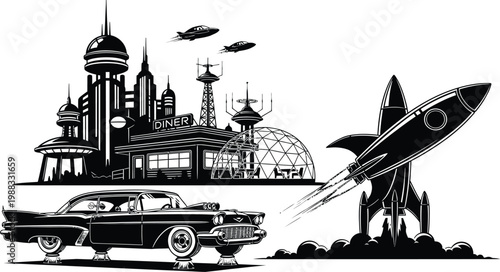 Retro futuristic city skyline with classic vintage car and launching rocket, black and white sci fi silhouette illustration isolated art