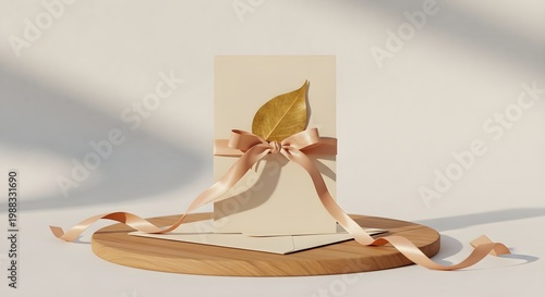 Elegant greeting card mockup with a golden leaf and a soft pink ribbon, placed on a wooden circular board against a neutral background