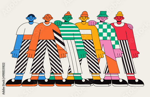 
A colorful, abstract illustration features six stylized figures standing side-by-side in a row. They are depicted with bold outlines and vibrant colors blue, orange, green, yellow, pink, and red.