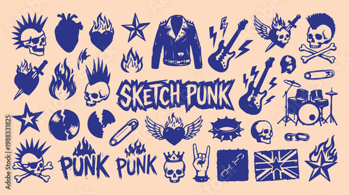 Tableau sur toile Sketch punk rock music icons, underground subculture doodle line art, hand drawn
