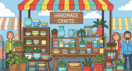 Handmade Crafts Stall Displaying Pottery and Plants.