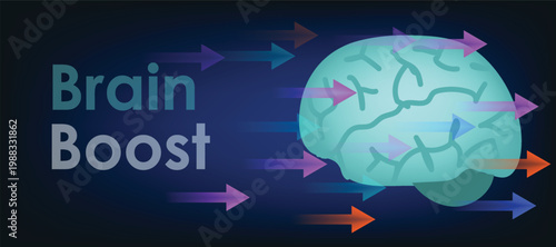 Brain Boost, alongside an illustration of a brain with arrows, represents cognitive enhancement or mental stimulation, vector illustration design