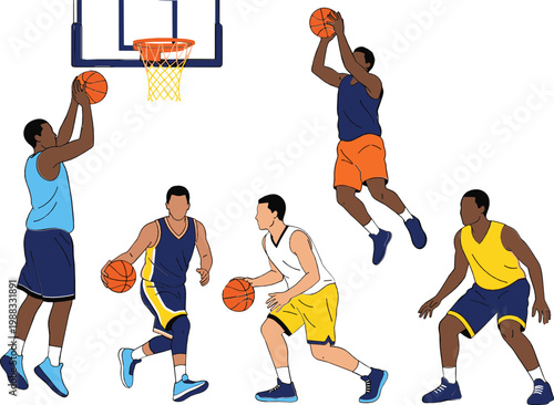 Basketball Player Action Set with Dunk, Dribble, and Shooting Poses for Sports Illustrations, Graphic Design, and Digital Media