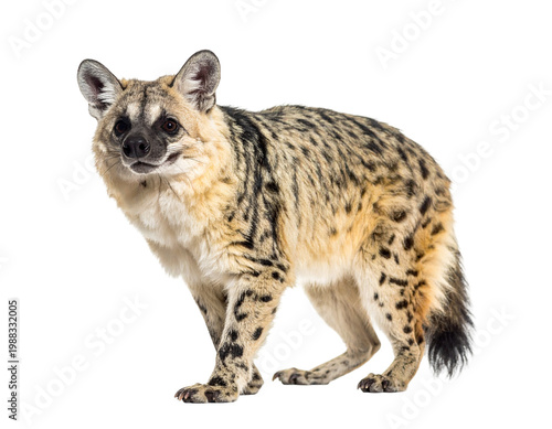 Chupacabra-like mammal with spotted fur and bushy tail in alert stance