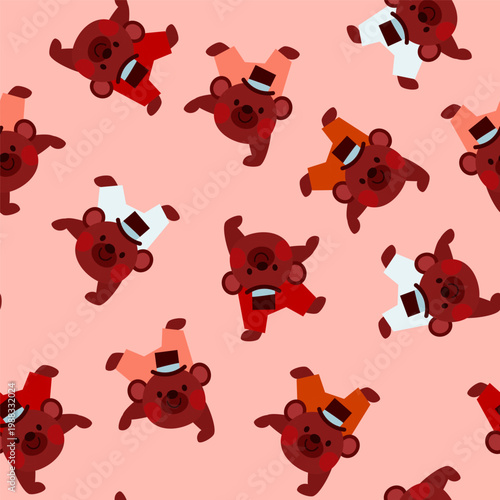 Cute little circus bears in hats playfull seamless pattern on beige background