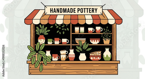 Handmade Pottery Shop Display with Shelves and Plants.