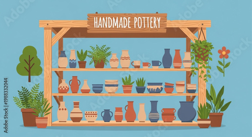 Handmade Pottery Display Shelf with Various Ceramic Items.