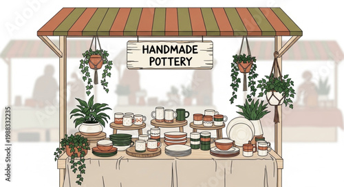 Handmade Pottery Stall Displayed at Outdoor Market.