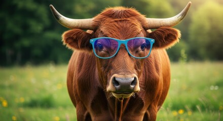 Brown cow wearing blue sunglasses.