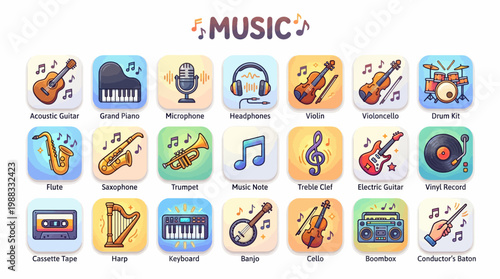 Music icons set with various instruments and symbols