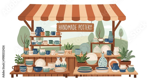 Handmade Pottery Stall Displaying Artisan Ceramics Outdoors.