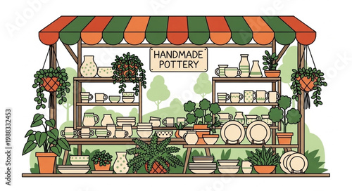 Handmade Pottery Stall Displaying Ceramic Goods and Plants.