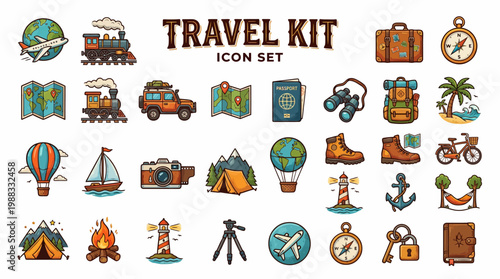 Travel kit icon set for adventure and exploration