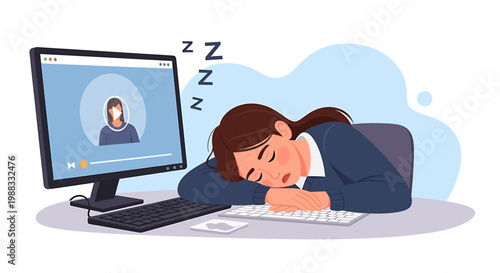 Woman sleeping at her desk while attending an online meeting on her computer, showing fatigue and burnout from remote work