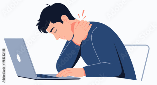 Digital Strain Young professional experiencing neck and shoulder discomfort from prolonged computer work, illustrating common ergonomic issues and the impact on health