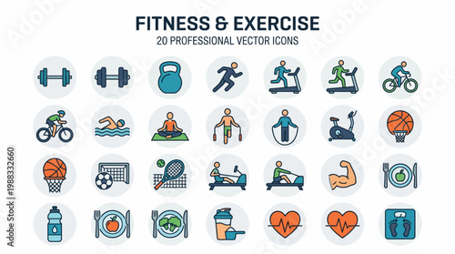 Fitness and Exercise Icons Vector Set for Healthy Lifestyle