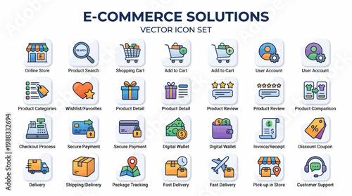 E-commerce solutions vector icon set for online shopping