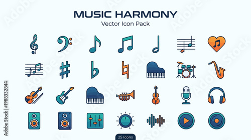 Music harmony vector icon pack with musical symbols and instruments