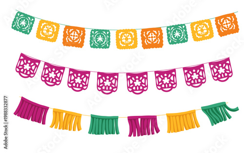 Mexican papel picado garland set with colorful cut paper flags and festive ornaments. Bright flat decoration collection for Cinco de Mayo party design, banners, cards, packaging and branding.