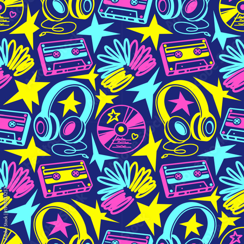 Funky Y2K fluorescent seamless music pattern with cassette tapes, headphones, and disco elements. Acid, cool, retro background for teen and 90s nostalgia designs.