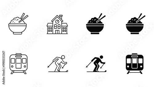Daily routines and transportation depicted through icons of food, skating, and transit