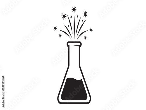 A black and white illustration of a flask with a bubbling sparkling reaction inside