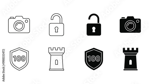 Contrast of unlocked and locked icons with security and photography themes