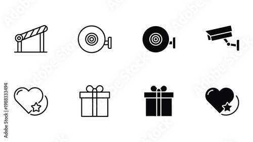 Collection of security and affection icons in black and white