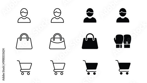Collection of icons depicting people, shopping bags, boxing gloves, and carts
