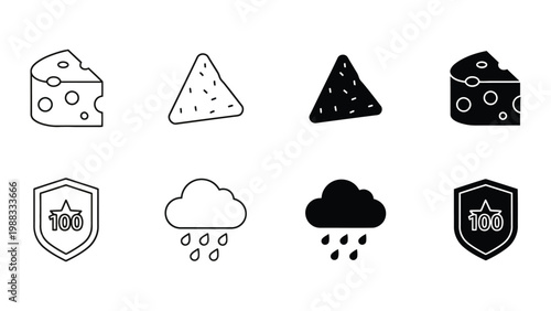 Contrasting icons of cheeses, weather, and quality assurance badges in black and white