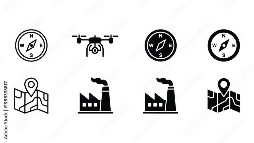 Fototapeta premium Icons representing navigation, drones, mapping, and industrial facilities