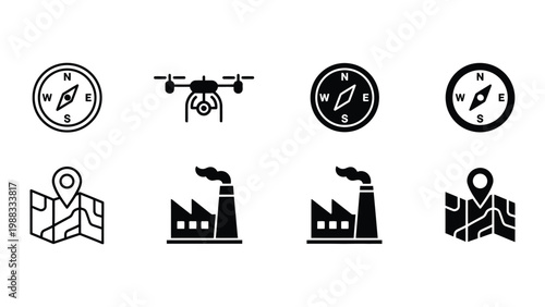 Icons representing navigation, drones, mapping, and industrial facilities