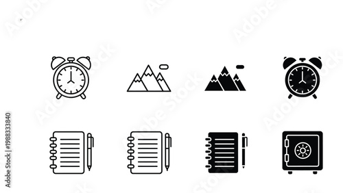 Collection of icons depicting time, travel, planning, and security concepts