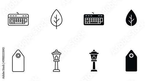 Contrasting icon sets of calendar, leaf, tag, and lampost variations