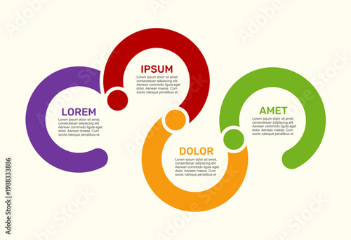 Horizontal infographic template featuring interconnected circular paths and four steps for business process data visualization. Vector illustration.