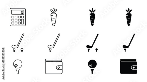 Mixed icons representing everyday objects and sports equipment in black and white