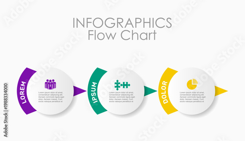Linear business infographic flowchart with three circular steps, arrows, icons, and placeholder text on white background. Vector illustration.
