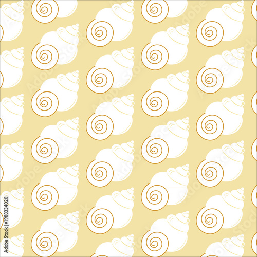 White seashell seamless pattern. Vector nautical background with repeating spiral shells on sand beige, marine nature wallpaper for textile and summer decor.
