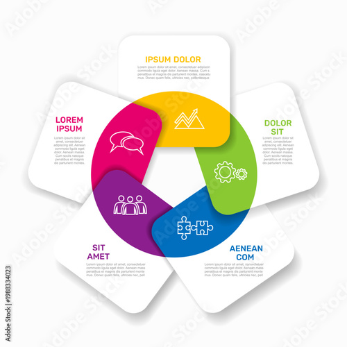 Colorful circular flower-shaped business infographic with five steps, icons, and text placeholders on a white background. Vector illustration.