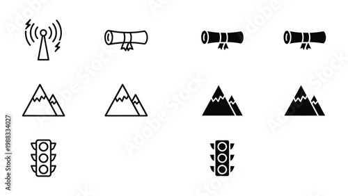 Collection of icons representing technology, nature, and traffic signals
