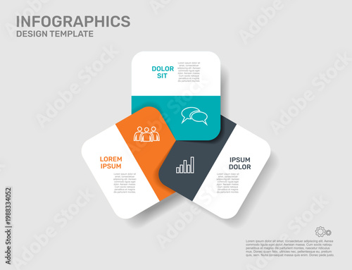 Modern square infographic design with three interlocking segments, business icons, and text placeholders on gray background. Vector illustration.