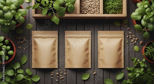 Three blank brown paper pouches for seeds or food products arranged on a rustic wooden table with fresh green basil plants and scattered seeds
