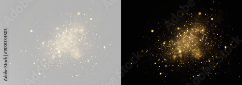 Gold magic dust and flickering sparkles, abstract glowing particles cloud and bokeh effect, luxury golden glitter spray for holiday card design, shining light overlay for creative graphic projects