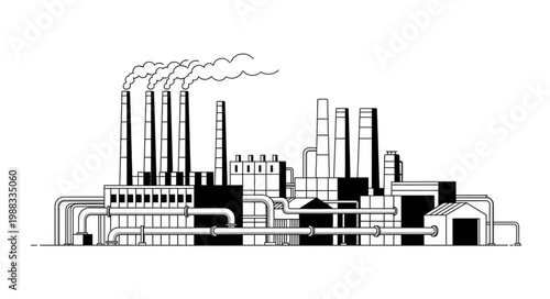 Industrial factory with smoking chimneys and complex pipe system.