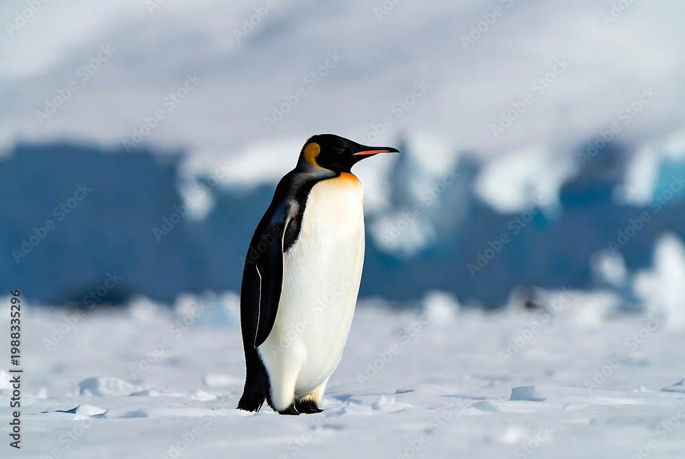 Obraz premium A single emperor penguin stands on a snowy Antarctic landscape. It is standing still, surveying its surroundings.