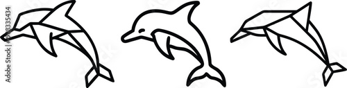 Set of Three Minimalist Dolphin Icons in Geometric and Linear Vector Style