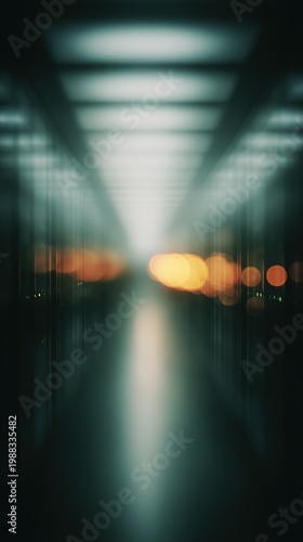 Server room corridor with blurred technology lights and a symmetrical composition. Modern infrastructure background with bokeh effect